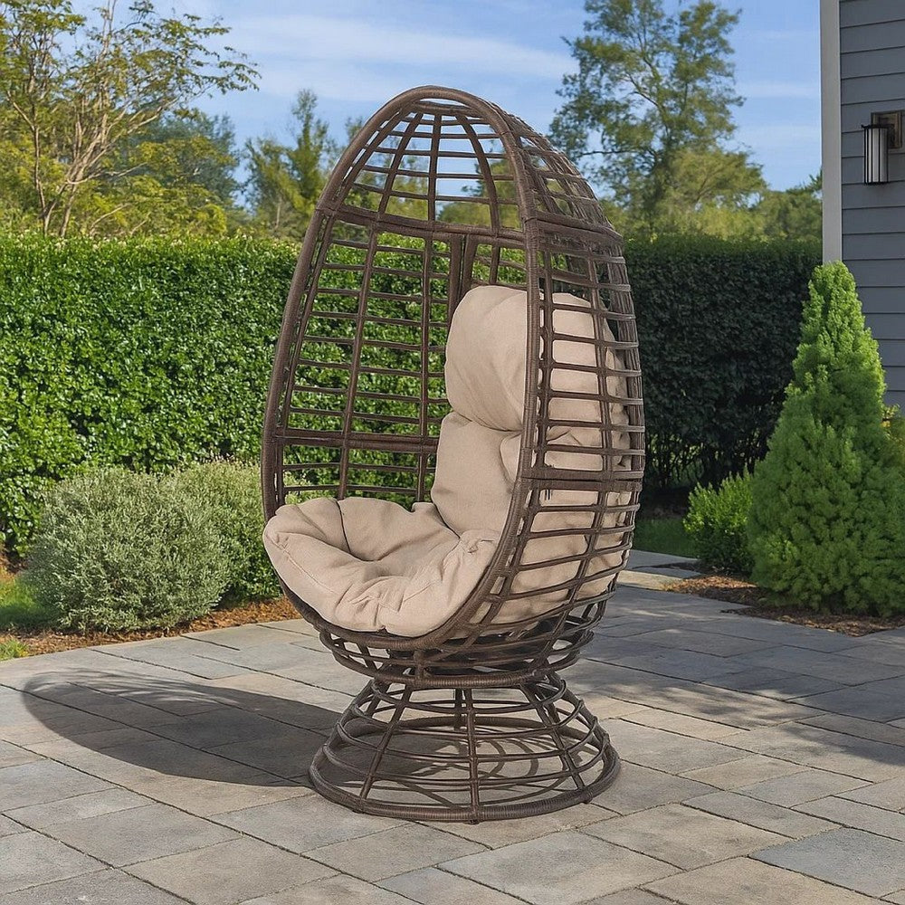 Swivel Outdoor Egg Chair, Brown PE Woven Rattan, Iron, Beige Polyester -BM335118