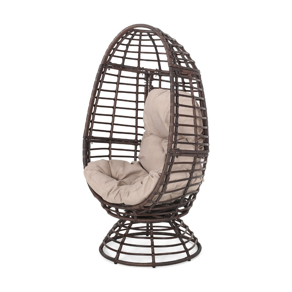 Swivel Outdoor Egg Chair, Brown PE Woven Rattan, Iron, Beige Polyester -BM335118