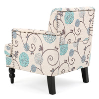 Lit Club Chair, Beige Tufted Floral Upholstery, Nailhead Brown Wood -BM335119