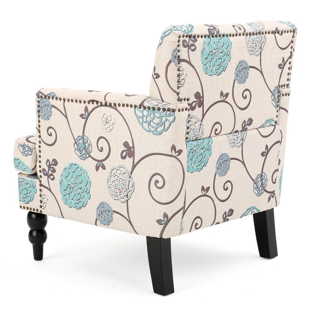 Lit Club Chair, Beige Tufted Floral Upholstery, Nailhead Brown Wood -BM335119