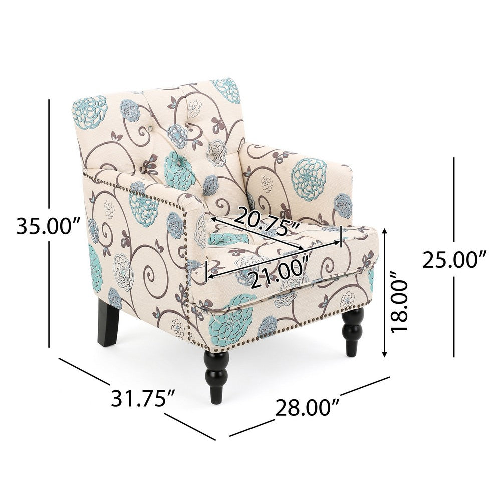 Lit Club Chair, Beige Tufted Floral Upholstery, Nailhead Brown Wood -BM335119