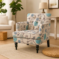 Lit Club Chair, Beige Tufted Floral Upholstery, Nailhead Brown Wood -BM335119