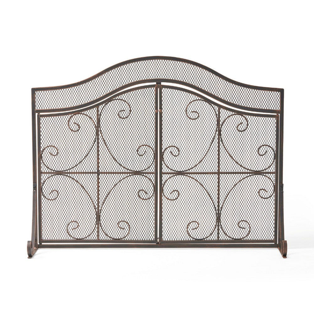 Fireplace Screen, 3 Panels 2 Doors, Black Copper Diamond Mesh Scrolled -BM335120