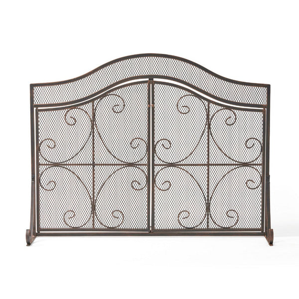 Fireplace Screen, 3 Panels 2 Doors, Black Copper Diamond Mesh Scrolled -BM335120