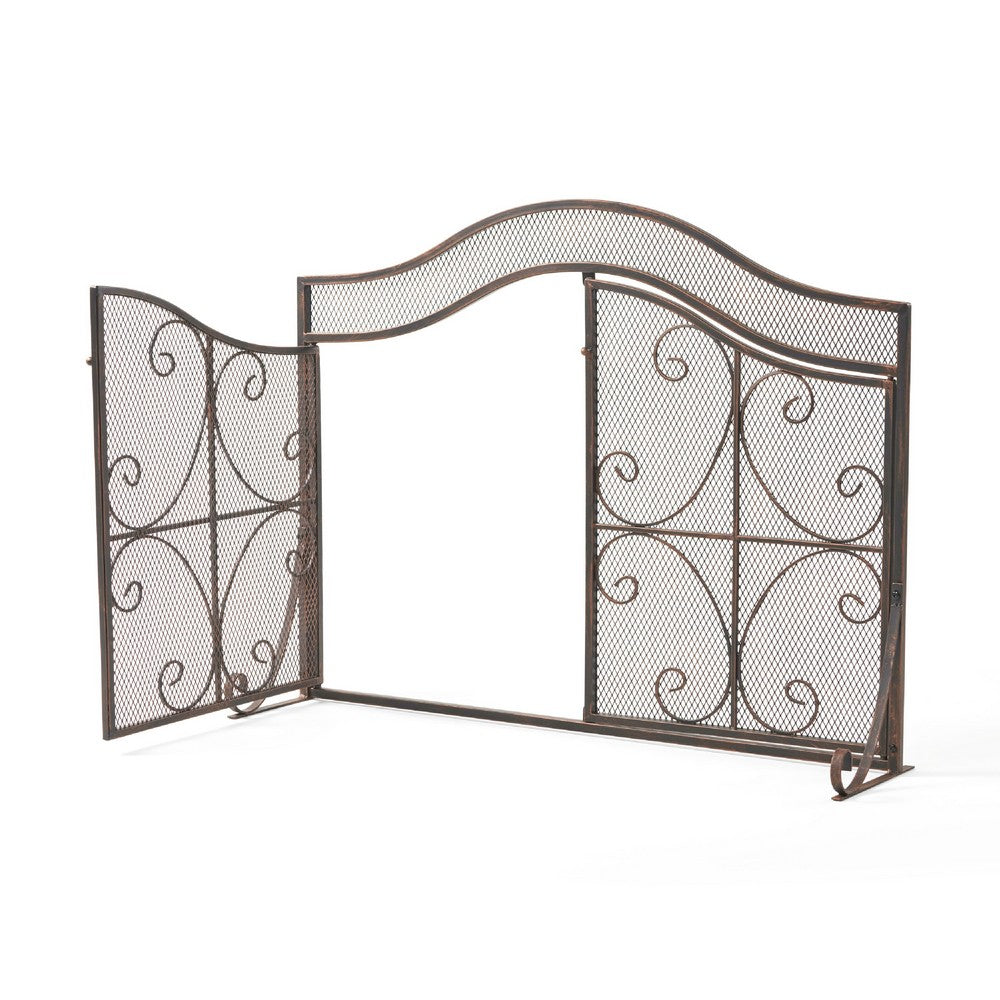 Fireplace Screen, 3 Panels 2 Doors, Black Copper Diamond Mesh Scrolled -BM335120
