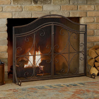 Fireplace Screen, 3 Panels 2 Doors, Black Copper Diamond Mesh Scrolled -BM335120