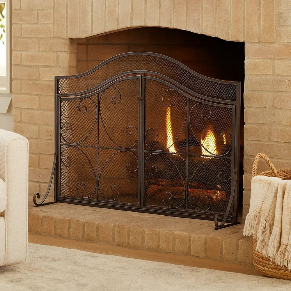 Fireplace Screen, 3 Panels 2 Doors, Black Copper Diamond Mesh Scrolled -BM335120