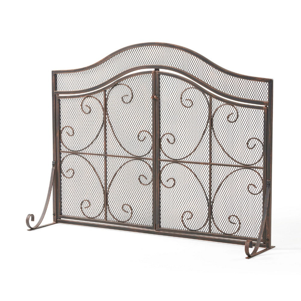 Fireplace Screen, 3 Panels 2 Doors, Black Copper Diamond Mesh Scrolled -BM335120