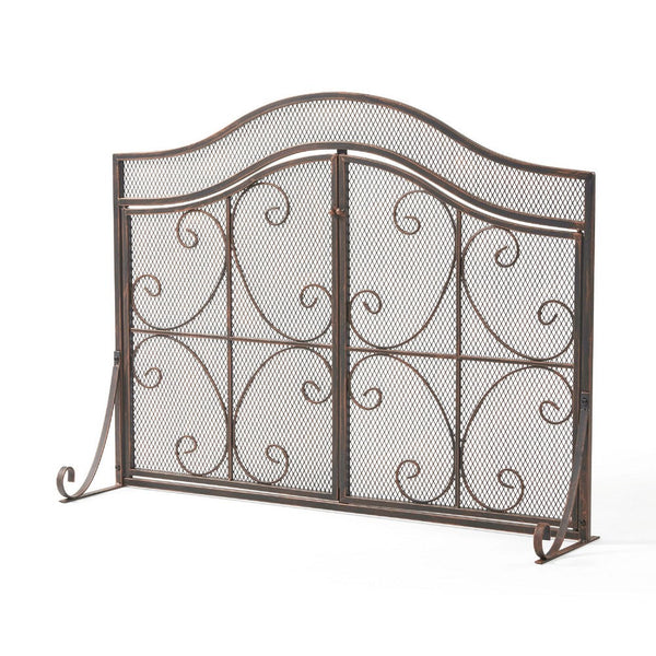 Fireplace Screen, 3 Panels 2 Doors, Black Copper Diamond Mesh Scrolled -BM335120
