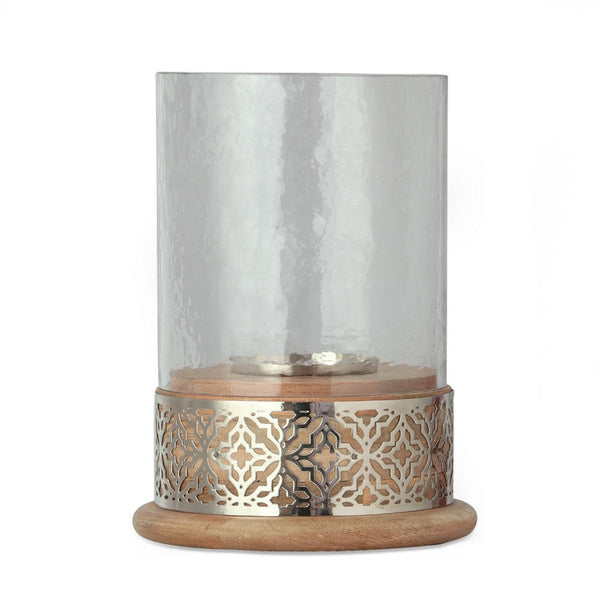Hurricane Candleholder w Glass Cover, Nickel Lattice Base, Brown Wood -BM335121