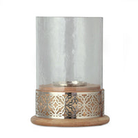 Hurricane Candleholder w Glass Cover, Nickel Lattice Base, Brown Wood -BM335121