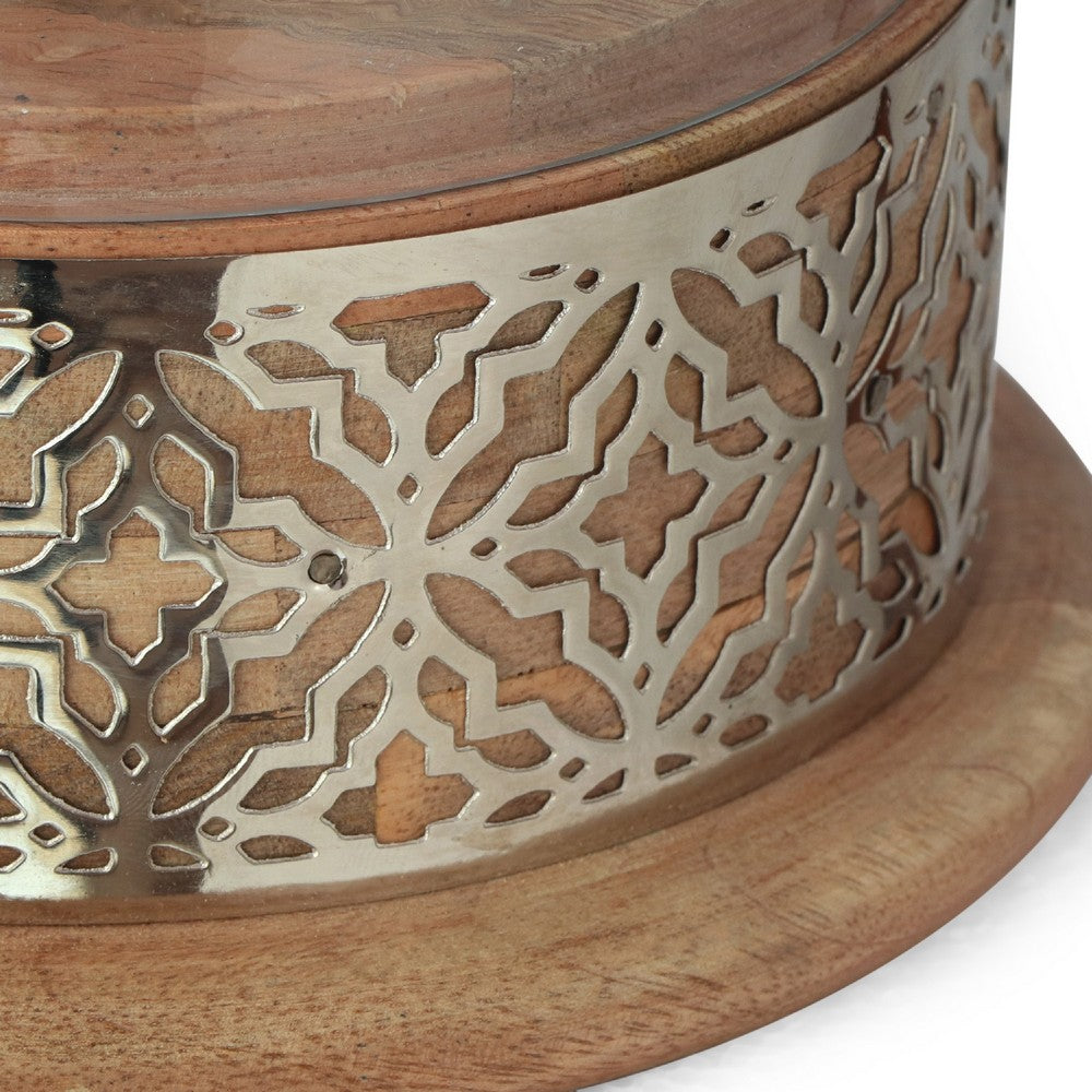 Hurricane Candleholder w Glass Cover, Nickel Lattice Base, Brown Wood -BM335121