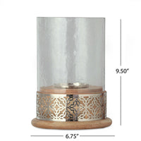 Hurricane Candleholder w Glass Cover, Nickel Lattice Base, Brown Wood -BM335121