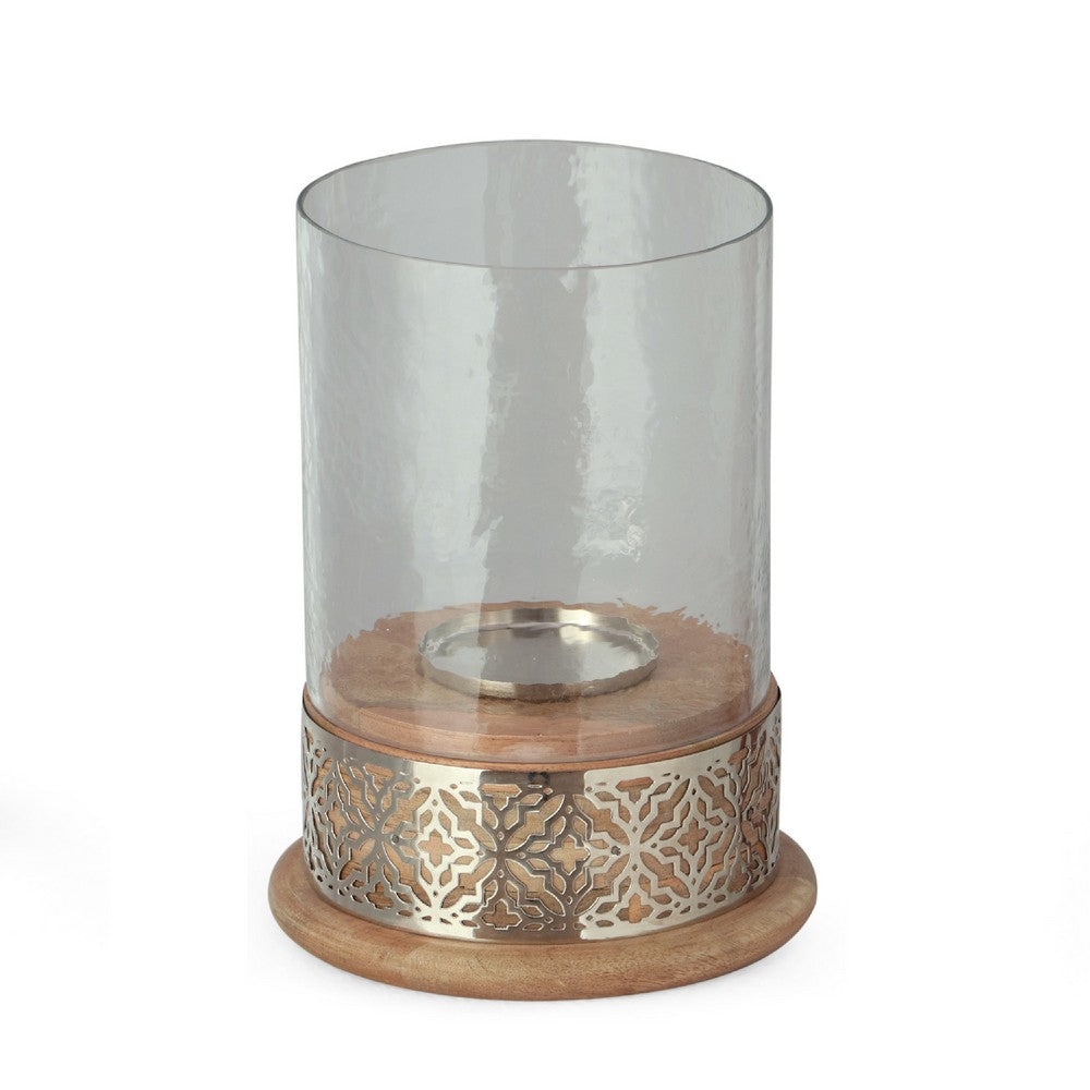 Hurricane Candleholder w Glass Cover, Nickel Lattice Base, Brown Wood -BM335121