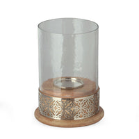 Hurricane Candleholder w Glass Cover, Nickel Lattice Base, Brown Wood -BM335121
