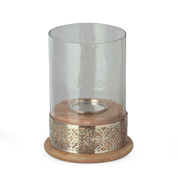 Hurricane Candleholder w Glass Cover, Nickel Lattice Base, Brown Wood -BM335121