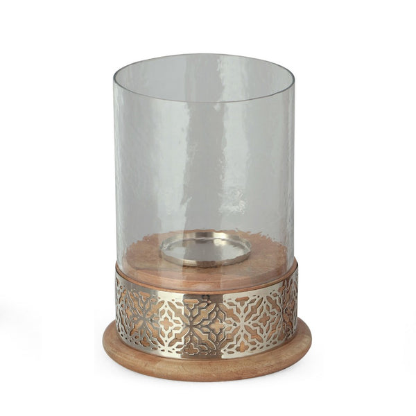 Hurricane Candleholder w Glass Cover, Nickel Lattice Base, Brown Wood -BM335121