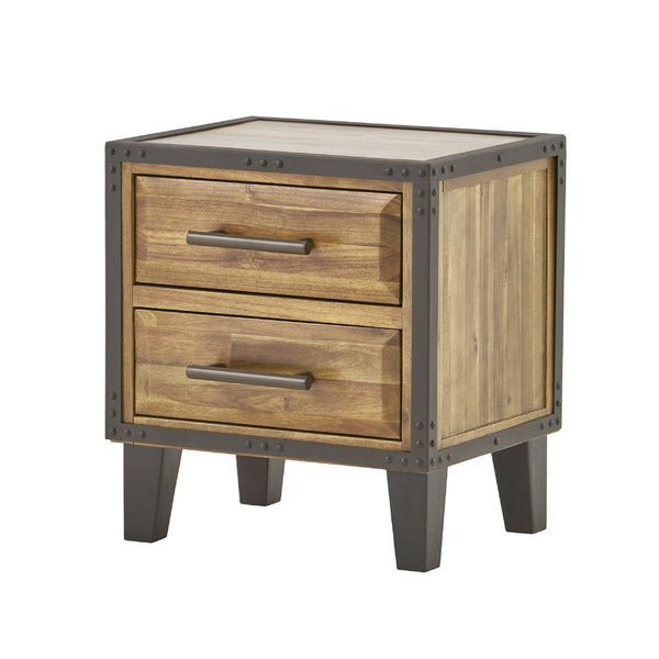 Nightstand, 2 Drawers w Bevel Frame, Brown Wood Bronze Metal, 22 Inch -BM335123