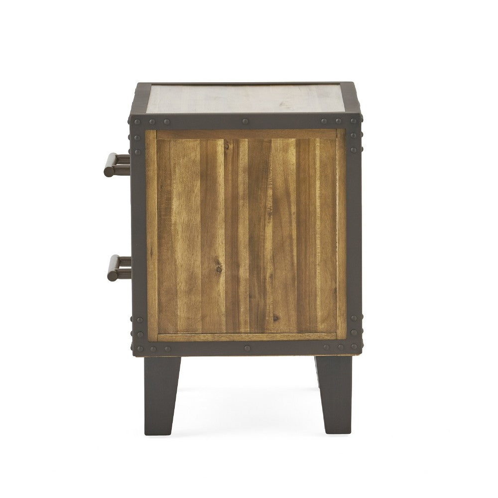 Nightstand, 2 Drawers w Bevel Frame, Brown Wood Bronze Metal, 22 Inch -BM335123