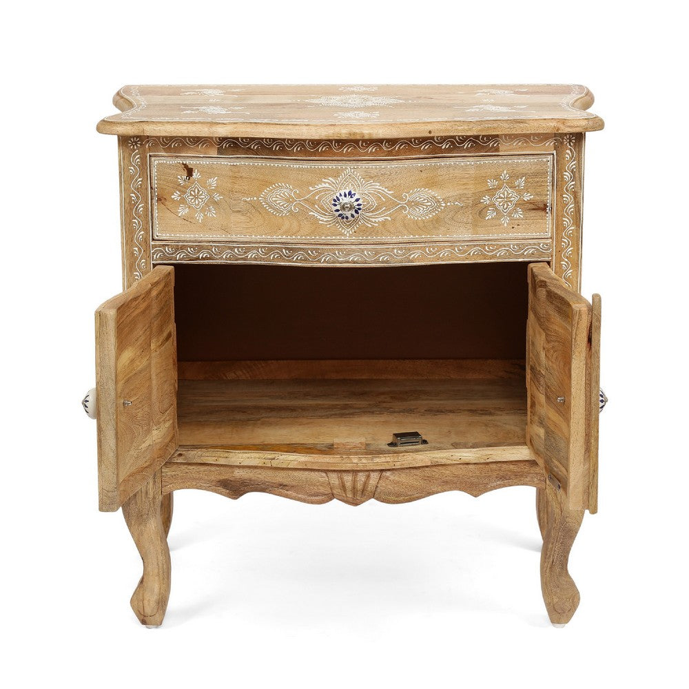 Accent Cabinet w cabriole legs, Hand Painted Flowers, Distressed Brown -BM335124