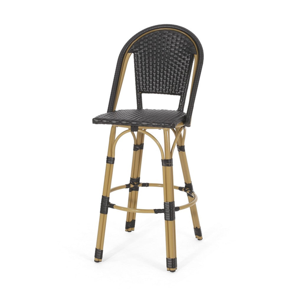 Gomy Outdoor Barstool Chair Set of 2, Black Wicker, Brown Aluminum -BM335135