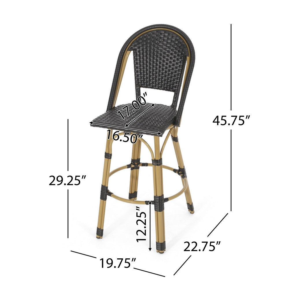 Gomy Outdoor Barstool Chair Set of 2, Black Wicker, Brown Aluminum -BM335135