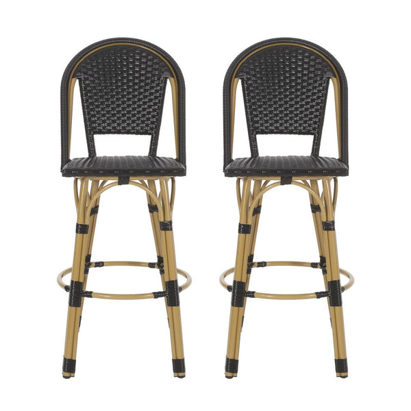 Gomy Outdoor Barstool Chair Set of 2, Black Wicker, Brown Aluminum -BM335135
