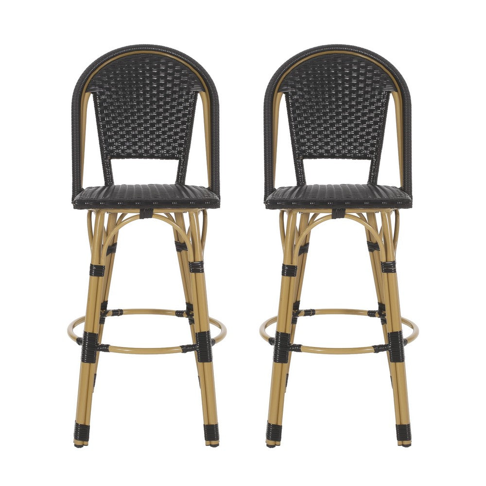 Gomy Outdoor Barstool Chair Set of 2, Black Wicker, Brown Aluminum -BM335135