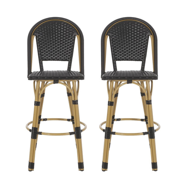 Gomy Outdoor Barstool Chair Set of 2, Black Wicker, Brown Aluminum -BM335135