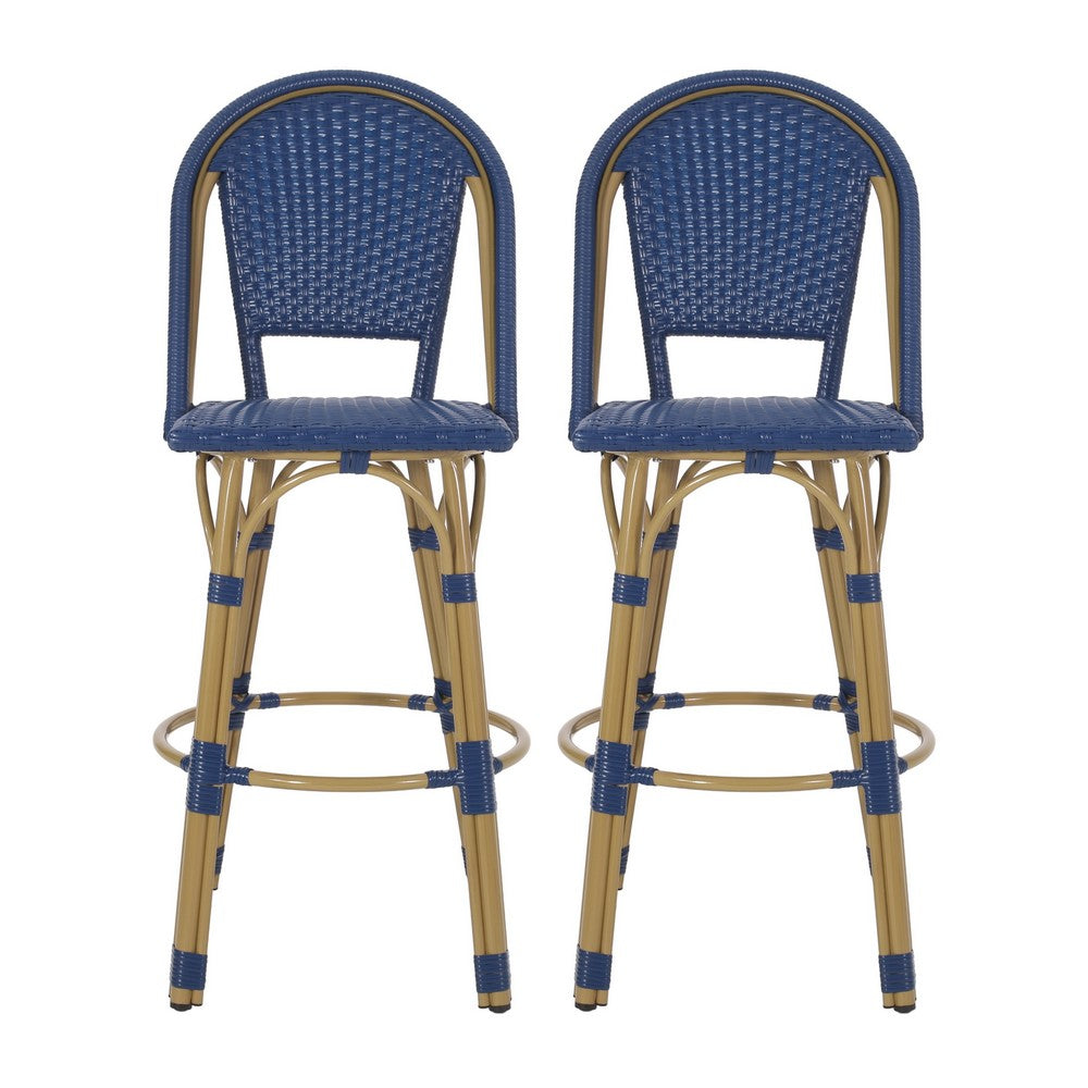 Gomy Outdoor Barstool Char Set of 2, Blue Wicker Woven, Brown Aluminum -BM335136