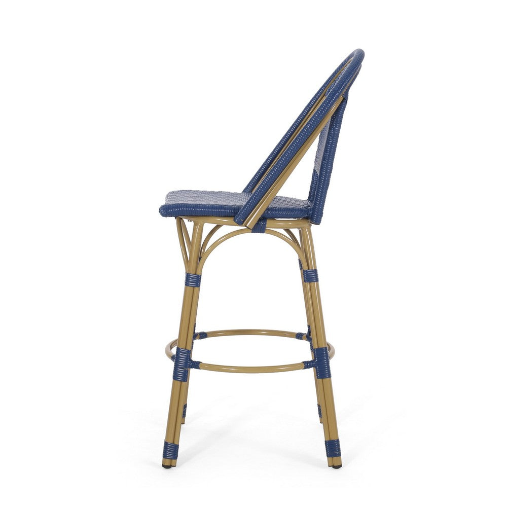 Gomy Outdoor Barstool Char Set of 2, Blue Wicker Woven, Brown Aluminum -BM335136