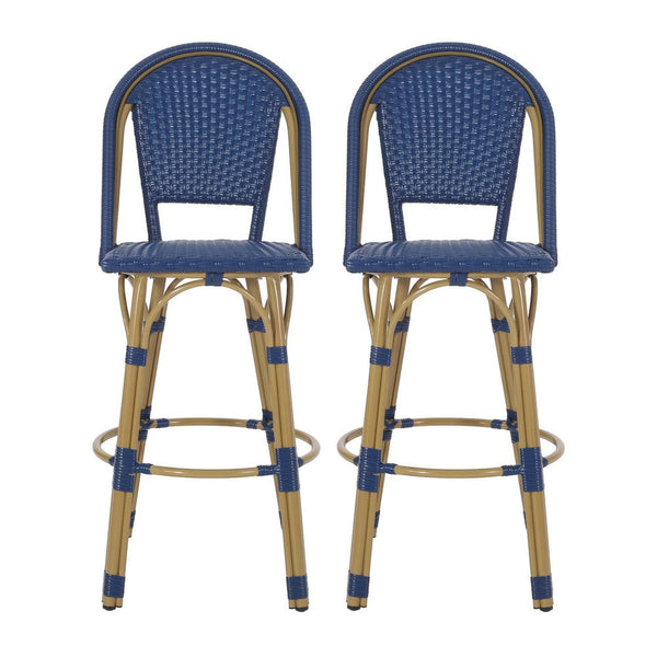 Gomy Outdoor Barstool Char Set of 2, Blue Wicker Woven, Brown Aluminum -BM335136
