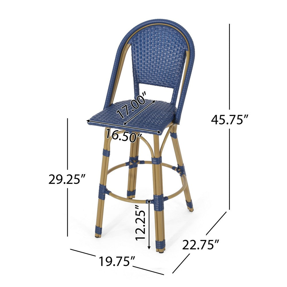Gomy Outdoor Barstool Char Set of 2, Blue Wicker Woven, Brown Aluminum -BM335136