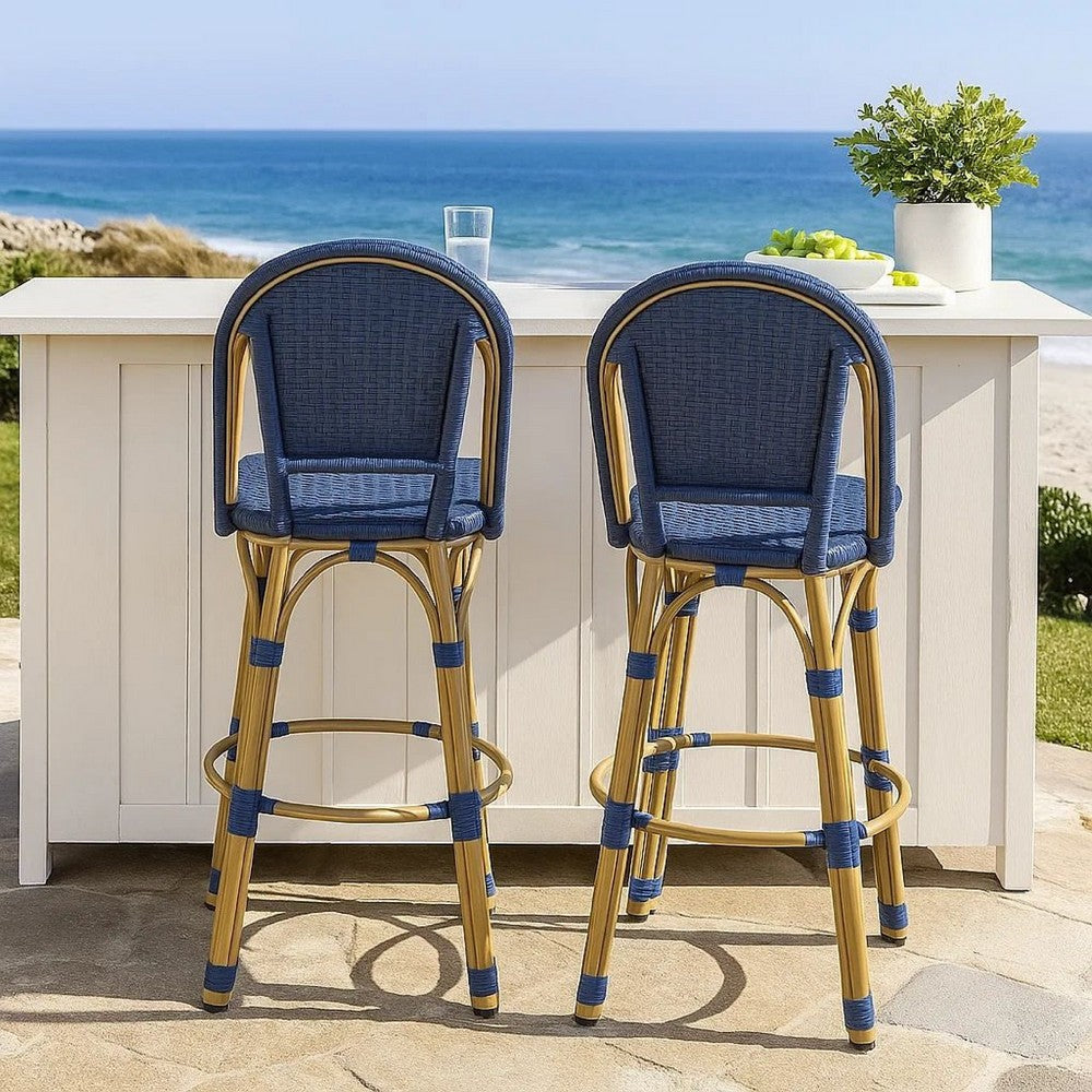 Gomy Outdoor Barstool Char Set of 2, Blue Wicker Woven, Brown Aluminum -BM335136
