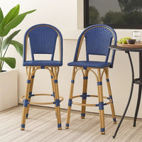 Gomy Outdoor Barstool Char Set of 2, Blue Wicker Woven, Brown Aluminum -BM335136