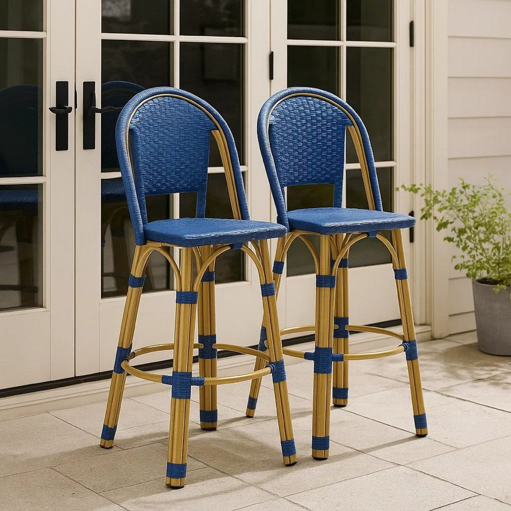Gomy Outdoor Barstool Char Set of 2, Blue Wicker Woven, Brown Aluminum -BM335136