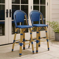 Gomy Outdoor Barstool Char Set of 2, Blue Wicker Woven, Brown Aluminum -BM335136