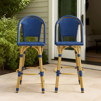 Gomy Outdoor Barstool Char Set of 2, Blue Wicker Woven, Brown Aluminum -BM335136