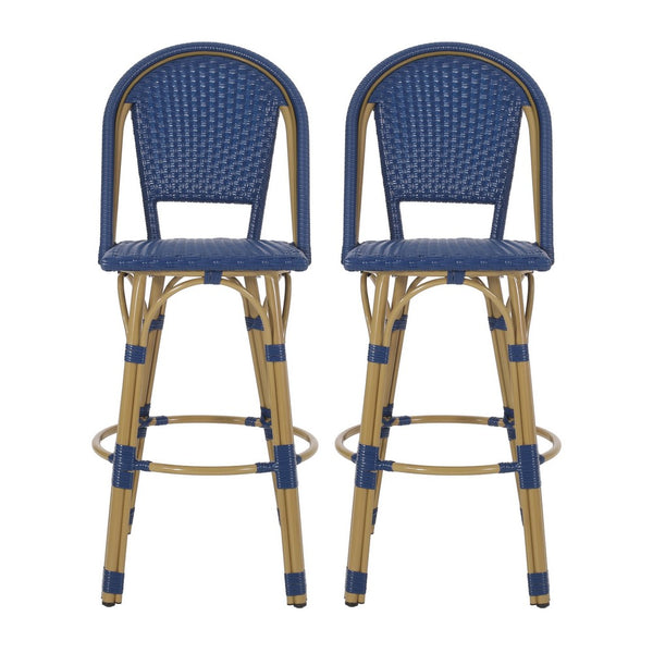 Gomy Outdoor Barstool Char Set of 2, Blue Wicker Woven, Brown Aluminum -BM335136