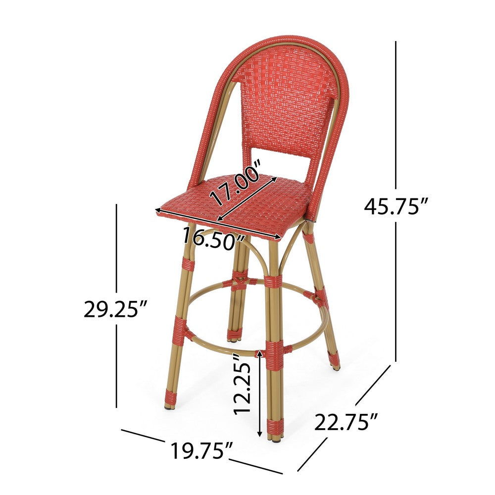 Gomy Outdoor Barstool Char Set of 2, Plaid Red Wicker, Brown Aluminum -BM335138
