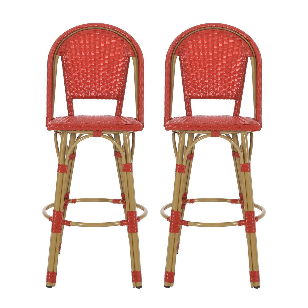Gomy Outdoor Barstool Char Set of 2, Plaid Red Wicker, Brown Aluminum -BM335138