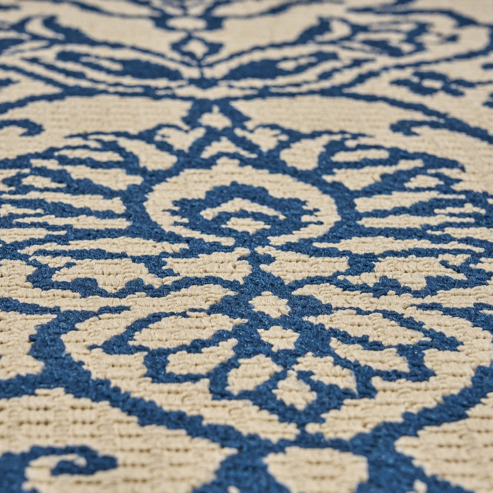 Ira 5 x 7 Outdoor Small Area Rug, Beige Blue Floral Medallion Pattern -BM335144