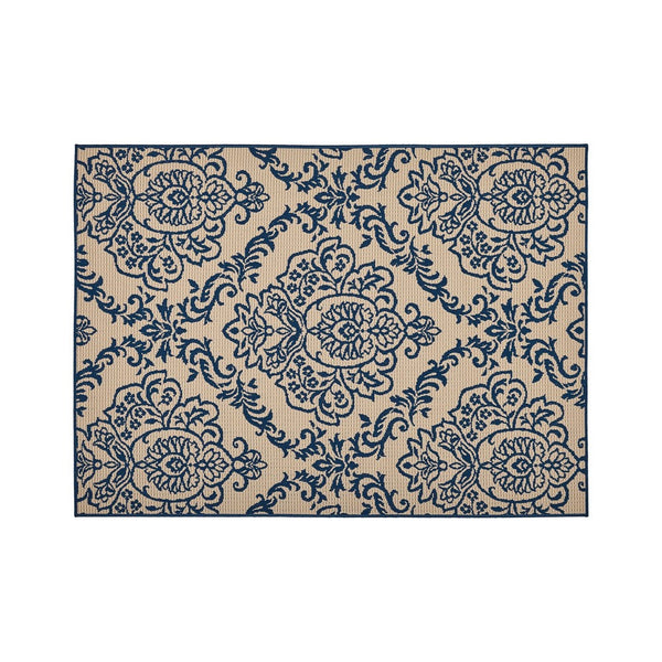 Ira 5 x 7 Outdoor Small Area Rug, Beige Blue Floral Medallion Pattern -BM335144