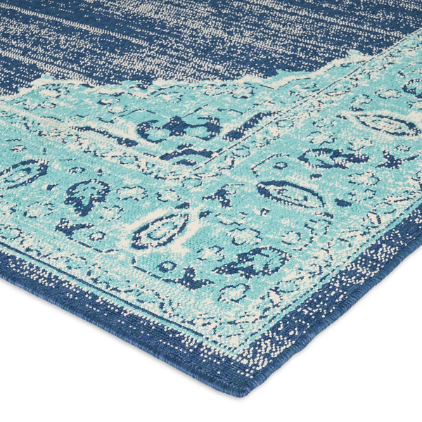 5 x 7 Outdoor Small Area Rug, Handcrafted Floral Details, Blue Ivory -BM335146