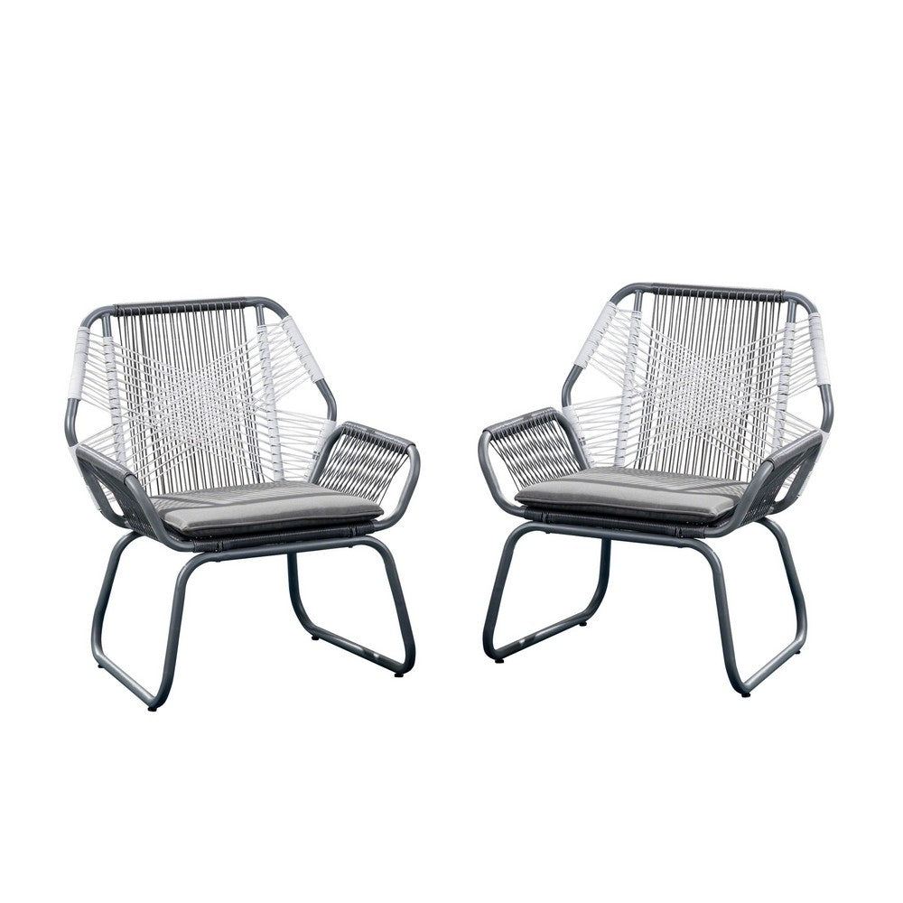 Meny Outdoor Club Chair Set of 2, White Rattan Woven, Matte Gray Metal -BM335152