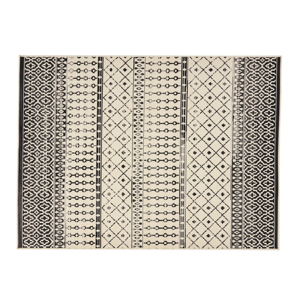 5 x 7 Outdoor Small Area Rug, Modern Black, Ivory Geometric Pattern -BM335153