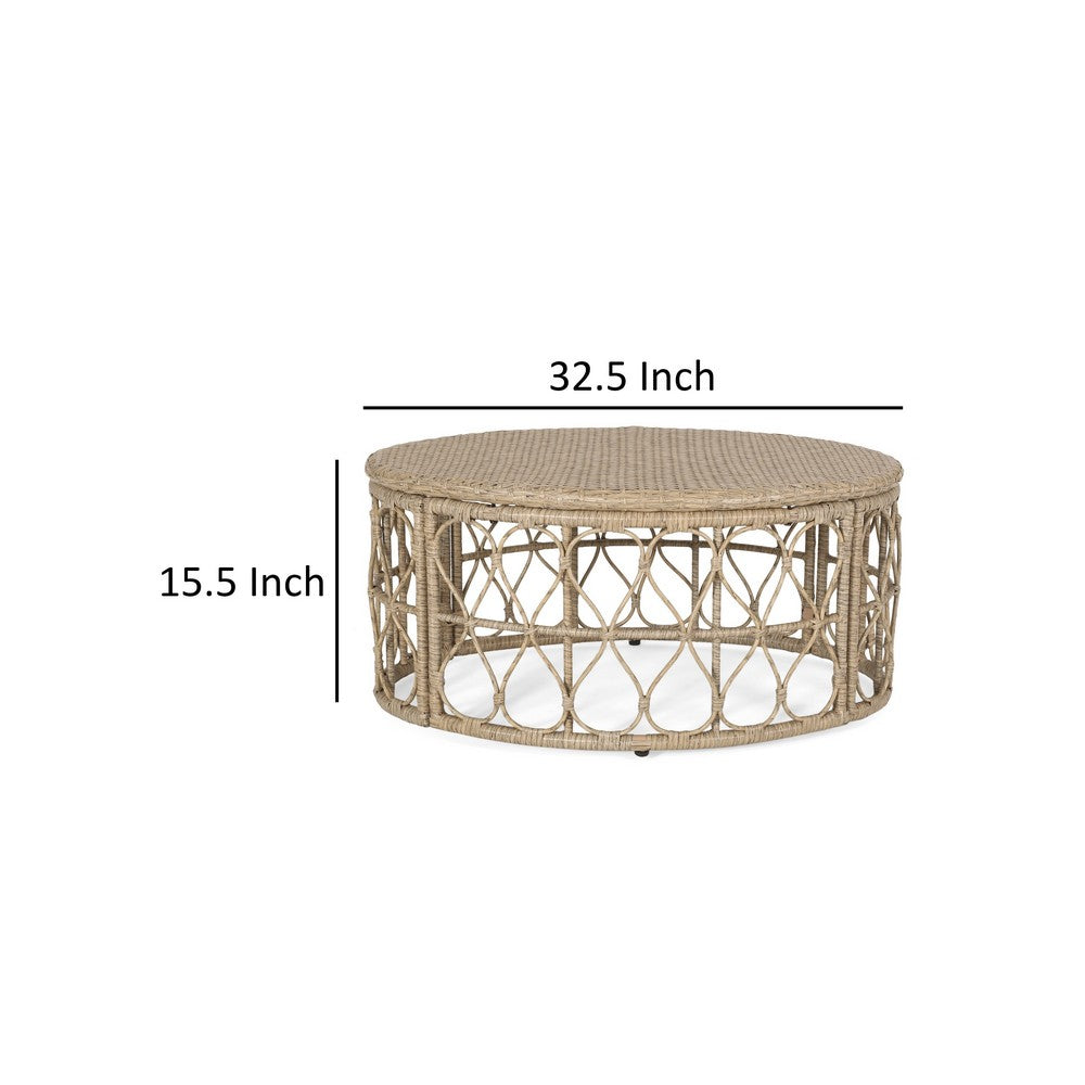 Resy Outdoor Coffee Table, 33 Inch Oval Top, Boho Brown Wicker Woven -BM335155