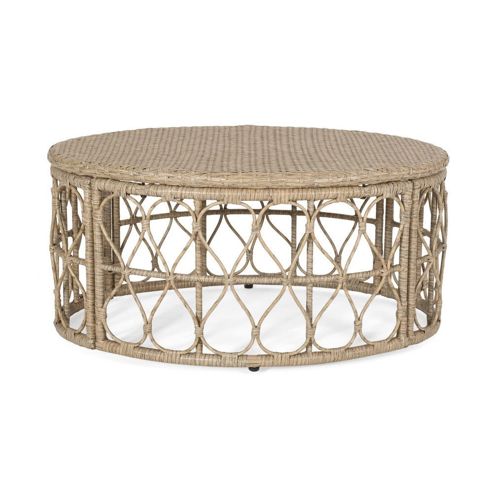 Resy Outdoor Coffee Table, 33 Inch Oval Top, Boho Brown Wicker Woven -BM335155