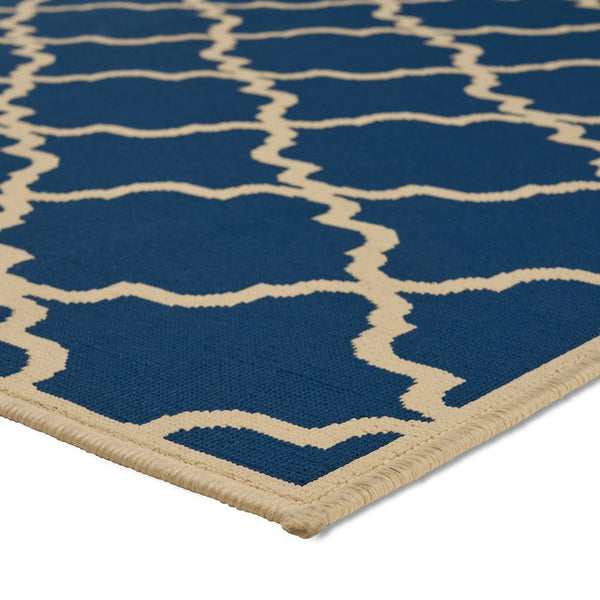 5 x 8 Outdoor Small Area Rug, Blue Ivory Geometric Quatrefoil Pattern -BM335158