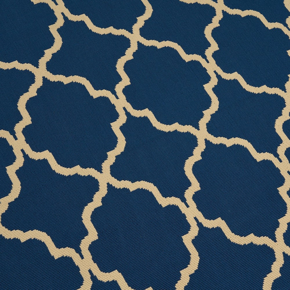 5 x 8 Outdoor Small Area Rug, Blue Ivory Geometric Quatrefoil Pattern -BM335158